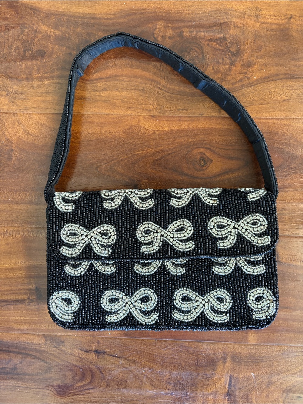 T.J.Maxx Black Beaded Shoulder Bag with Ivory Bow Motif - NWOT